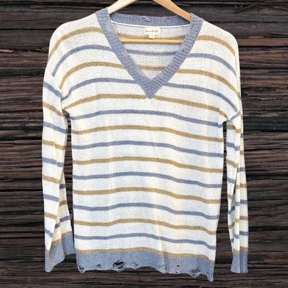 Hem & Thread Striped V-Neck Sweater - Gray and Gold - Picture 1 of 4